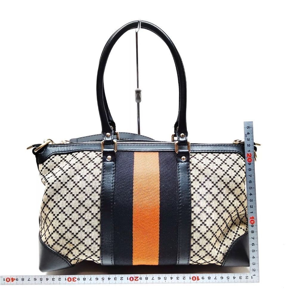 Auth Gucci Black Beige Diamanté Canvas Leather Trim Web 2way Joy Tote Bag - Picture 2 of 11